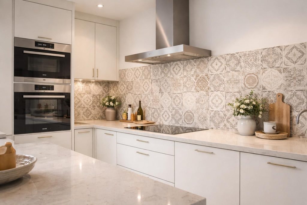 découvrez comment personnaliser votre cuisine avec un plan de travail silestone, une crédence en carreaux de ciment et de l’électroménager siemens pour un style unique et moderne.